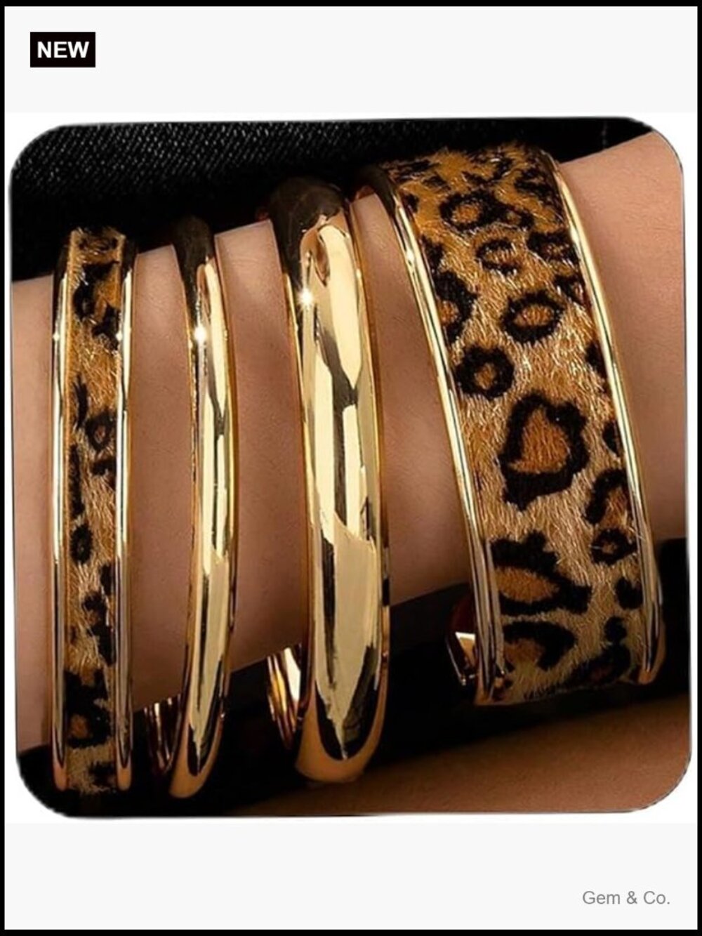 Leopard Print Chunky Bangle Bracelet Set Gold Stackable Cuff 4 Pc